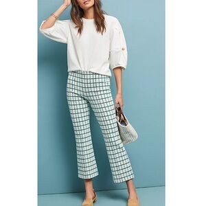 ANTHROPOLOGIE The Essential Crop Flare green white grid check pants MED like new